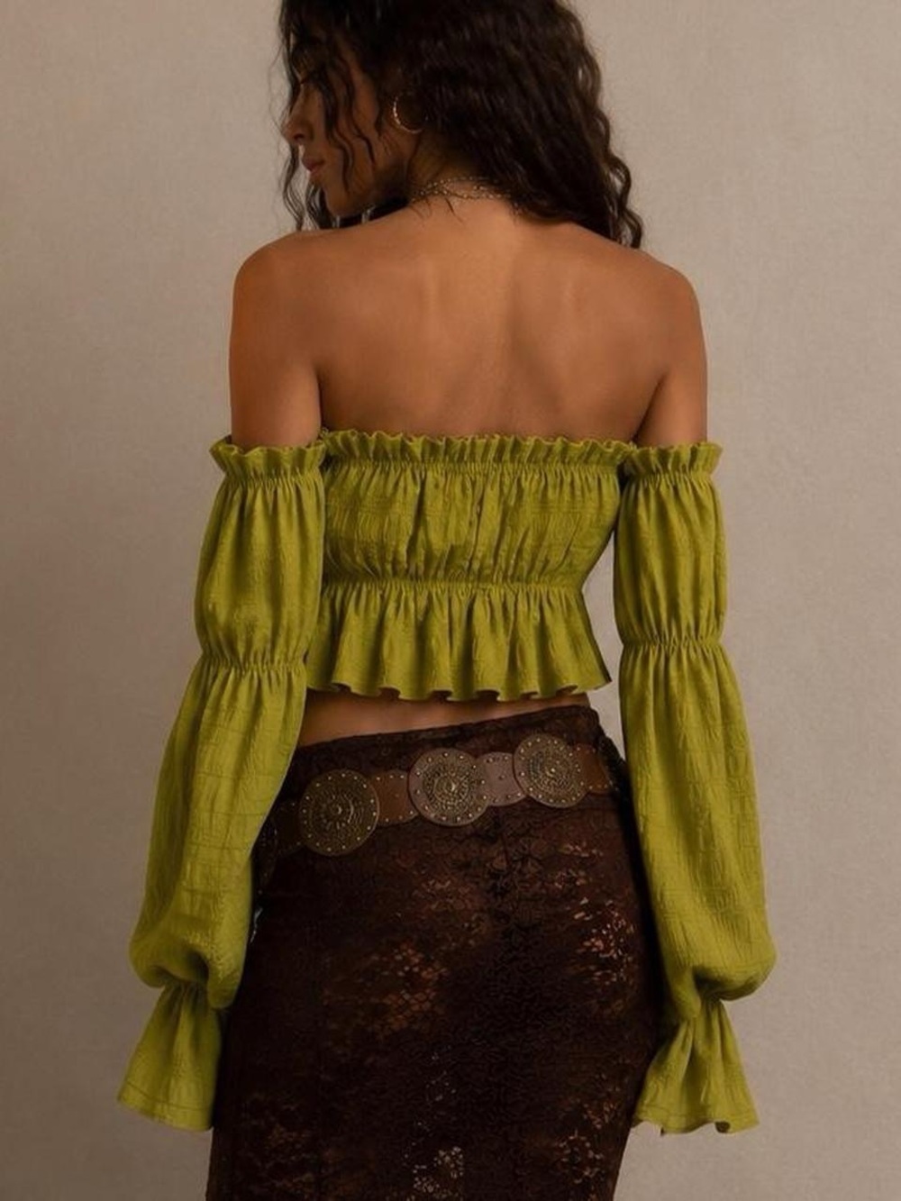 Off-Shoulder Olive Green Smocked Crop Top - Picture 3 of 3